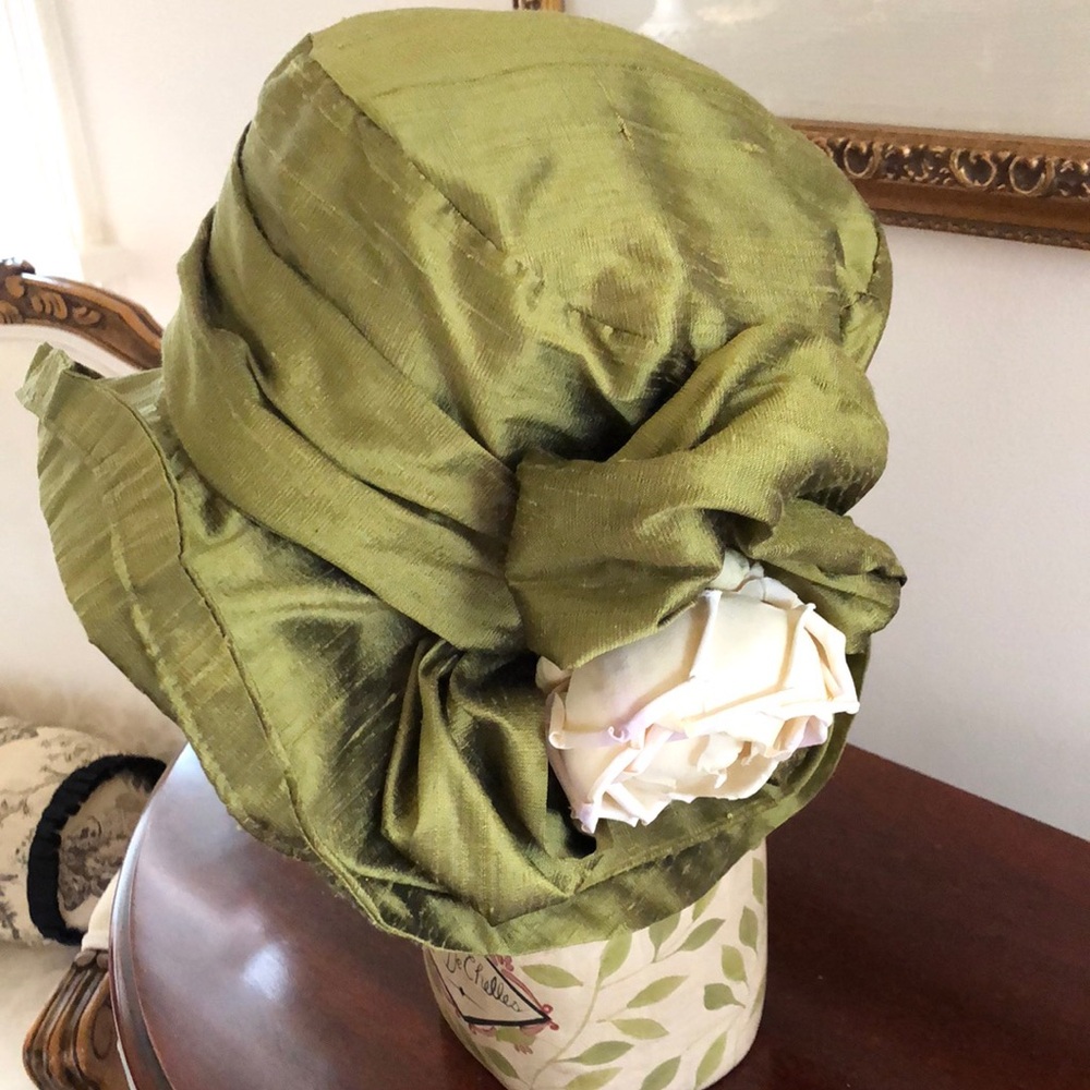 Elegant Green Silk Hat with ivory rose.